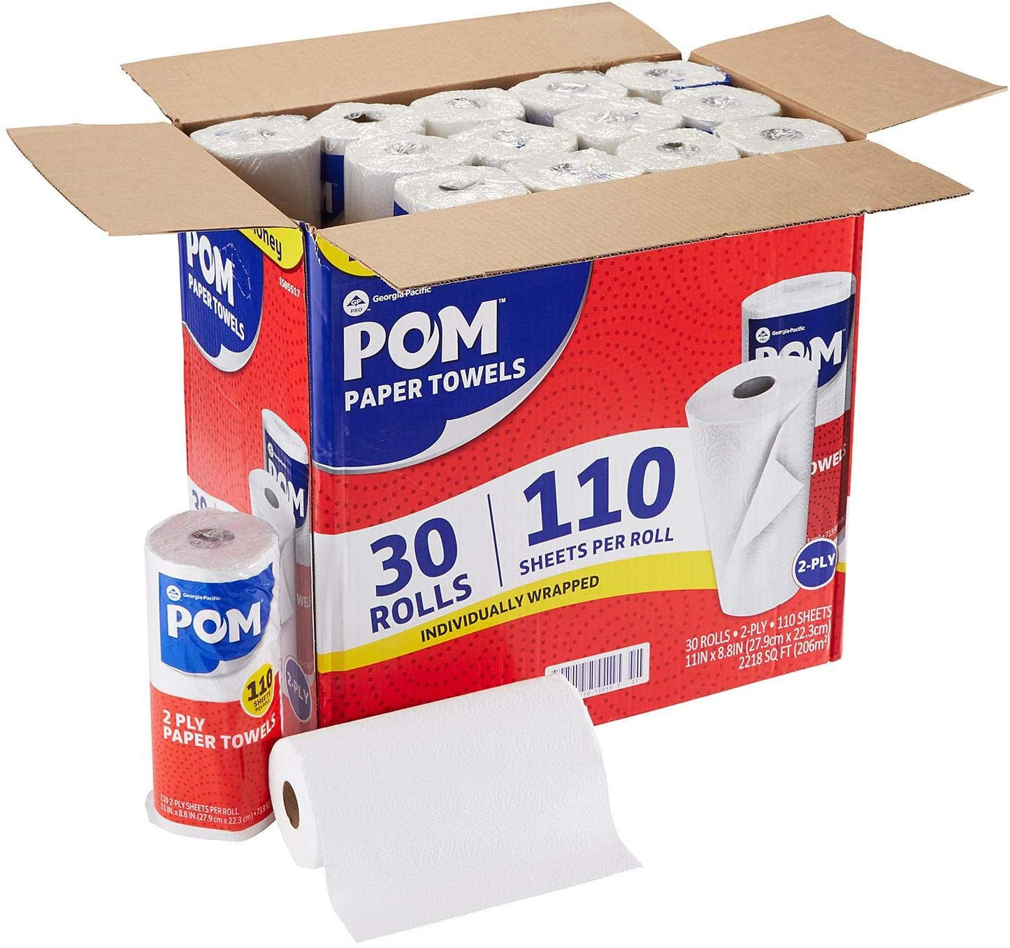 POM 2-Ply Perforated Indivudually Wrapped Paper Towels, White - 110ct/30pk