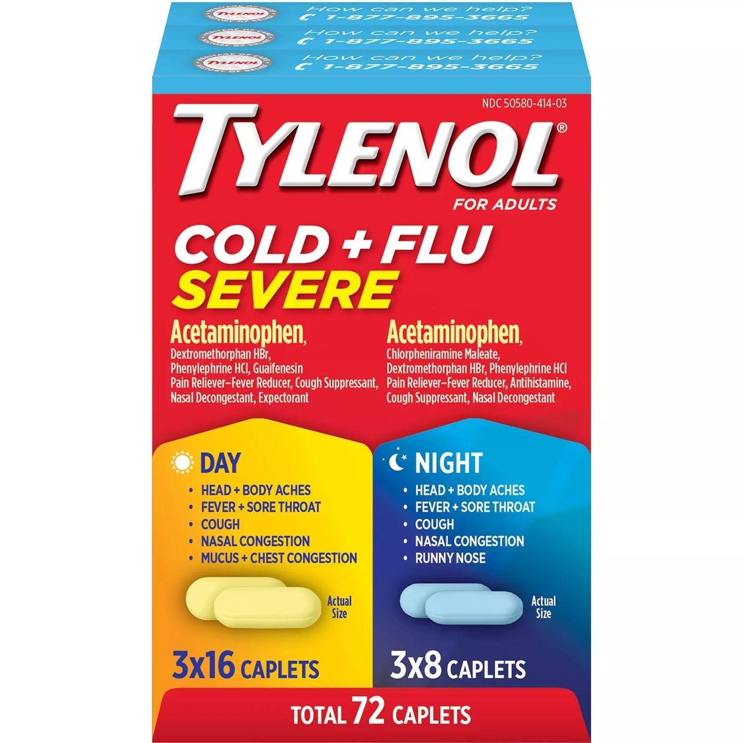 Tylenol Cold + Flu Severe Day & Night Caplets 48ct Day, 24ct Night - 72ct/1pk
