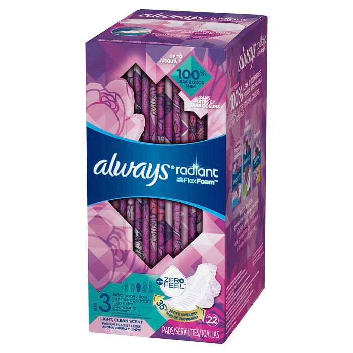 Always Radiant Extra Heavy Pads Size 3 Light Clean Scent w/Wings - 22ct/3pk