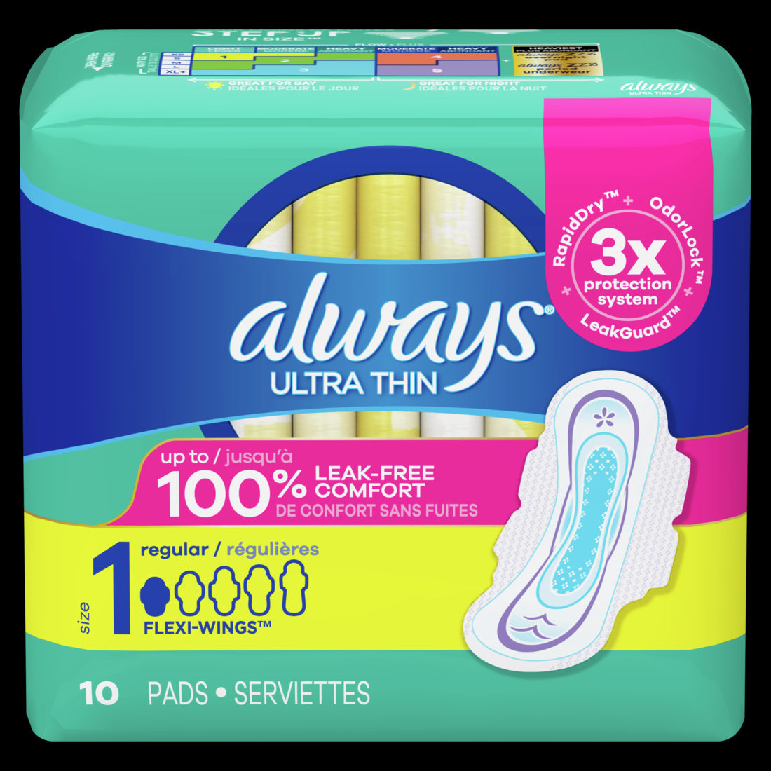 Always Ultra Thin Pads Size 1 Regular Absorbency Unscented w/Wings - 10ct/12pk