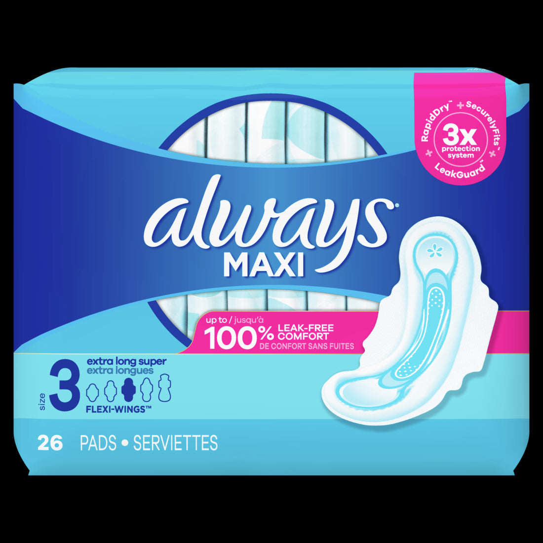 Always Maxi Daytime Pads with Wings Size 3 Extra Long, Unscented - 26ct/3pk