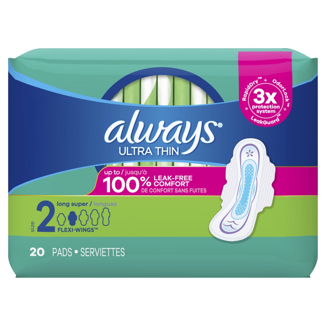 Always Ultra Thin Daytime Pads with Wings Size 2 Long Supe Unscented - 20ct/12pk