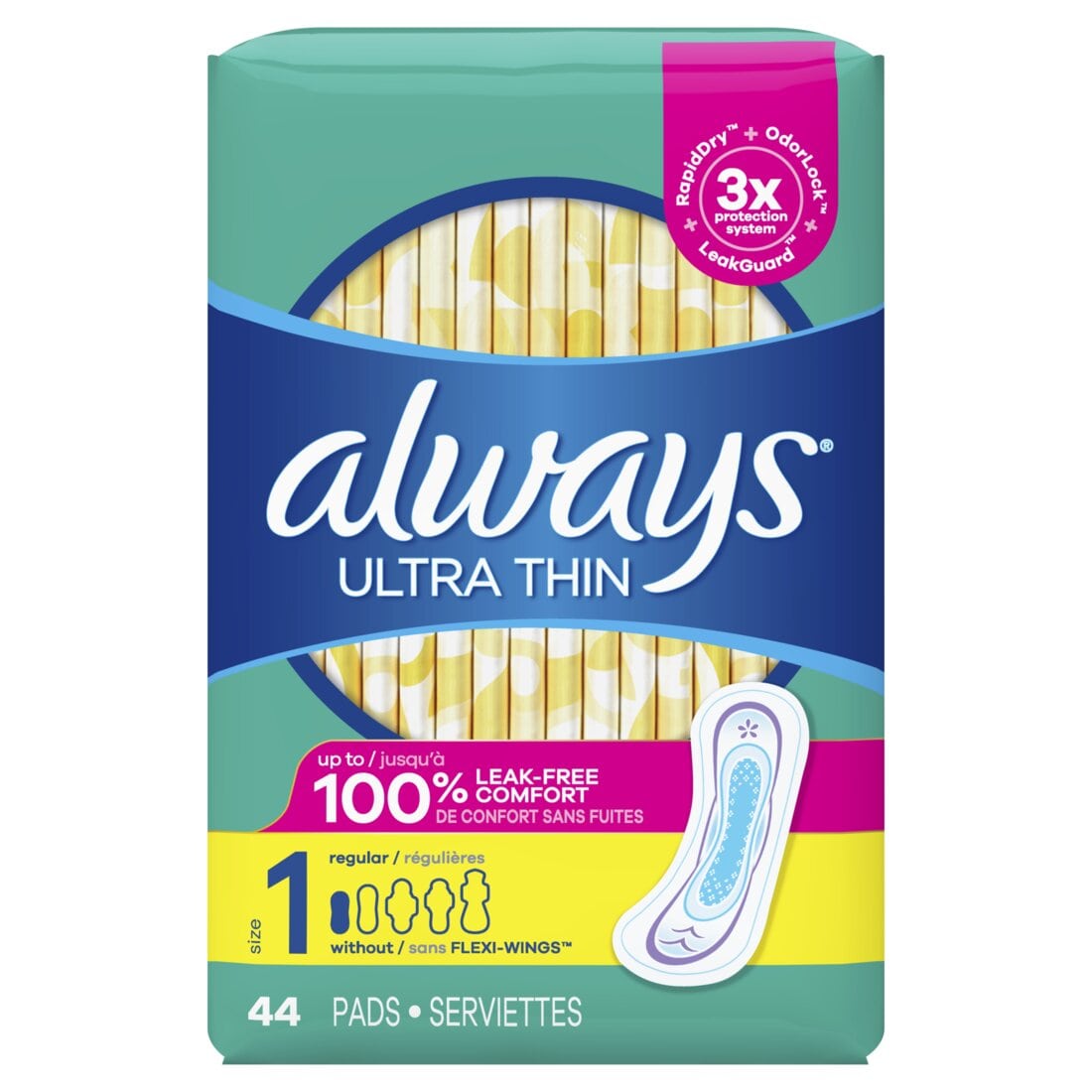 Always Ultra Thin Daytime Pads with Wings Size 1 Regular Unscented - 44ct/3pk