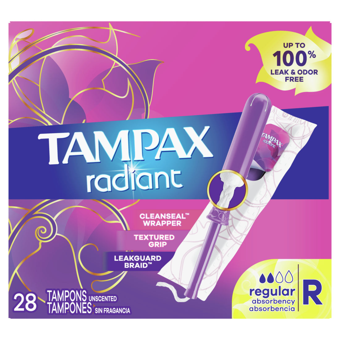 Tampax Radiant Tampons with LeakGuard Braid Regular Absorbency Unscented - 28ct/6pk