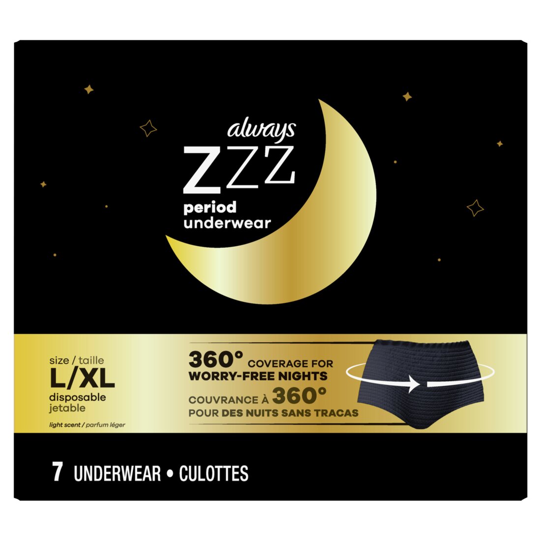 Always ZZZ Overnight Disposable Period Underwear for Women Size LG 360Â° Coverage - 7ct/2pk