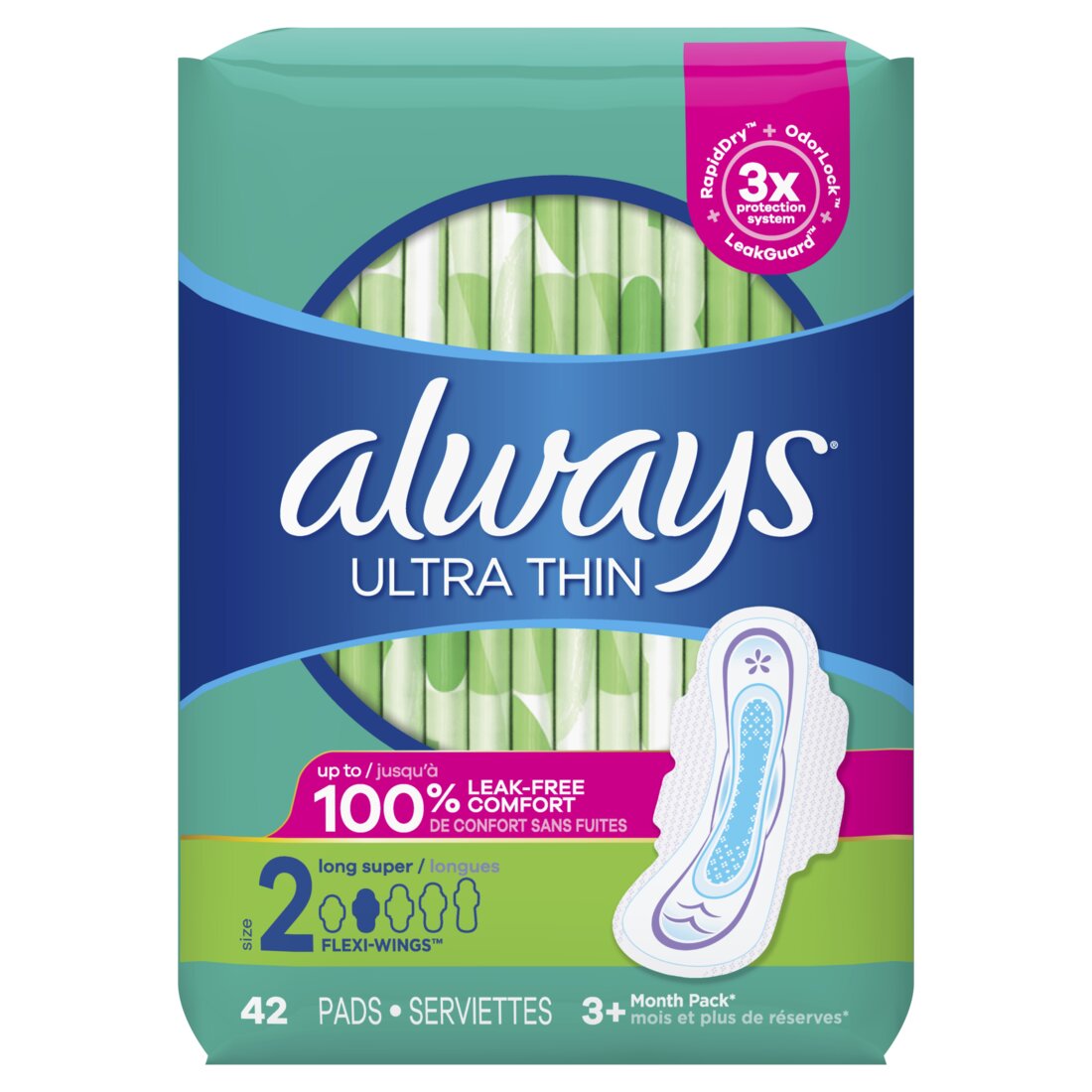 Always Ultra Thin Daytime Pads with Wings Size 2 Long Super Unscented - 42ct/6pk