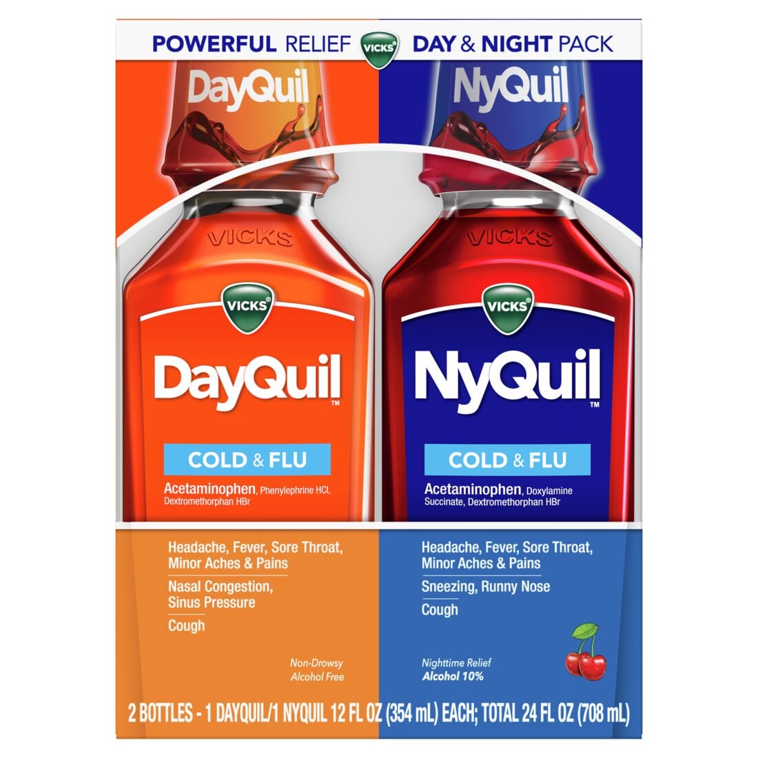 Vicks DayQuil & NyQuil Cherry Cold Flu and Congestion Medicine Daytime and Nighttime - 2x12oz/6pk