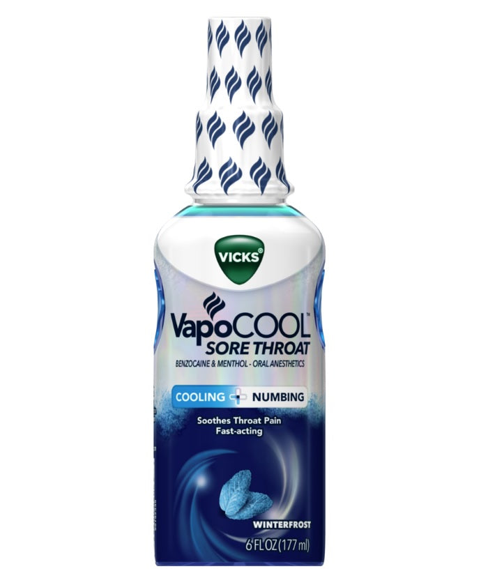 Vicks VapoCOOL Sore Throat Spray Powerful Sore Throat Numbing Relief Winterfrost Flavor - 6oz/12pk