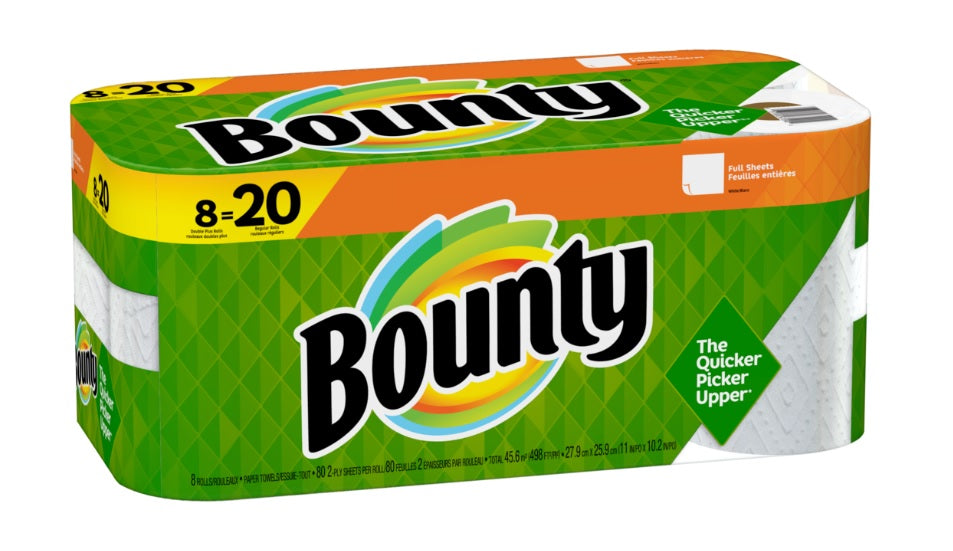 Bounty Paper Towels White 8 Double Plus Rolls = 20 Regular Rolls 80-2ply Sheets - 8ct/1pk