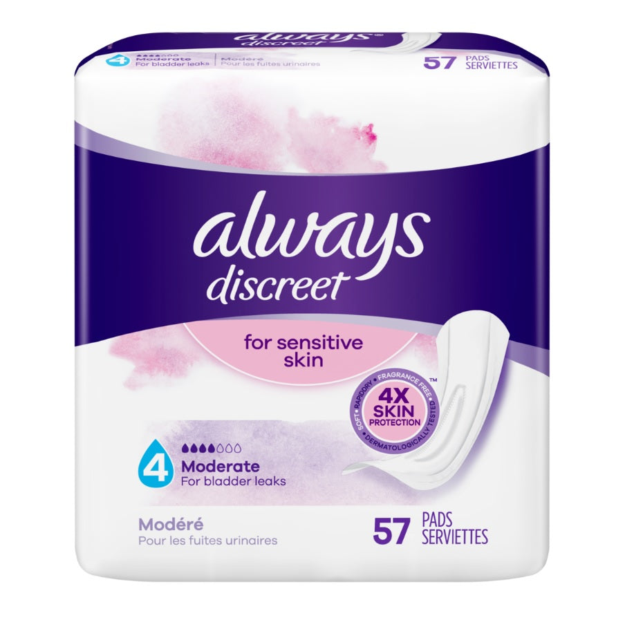 Always Discreet Incontinence Pads for Bladder Leaks Sensitive Skin Pads - 57ct/3pk