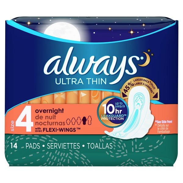 Always Ultra Thin Overnight Pads w/Wings Unscented- 14ct/6pk